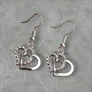 Rhinestone Double Heart Charm Silver Tone Hook Earrings